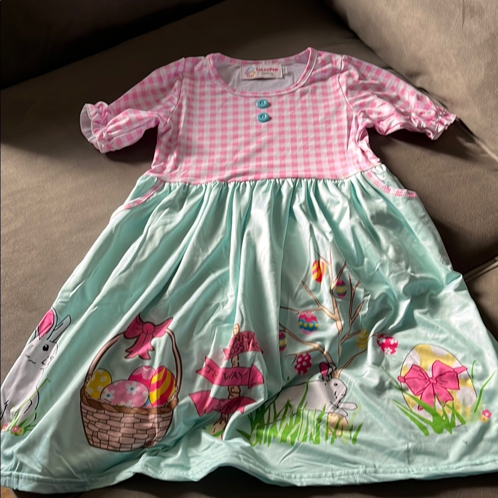 Laleepop Pink gingham and Green Puff Sleeve Sundress with Crew Neck